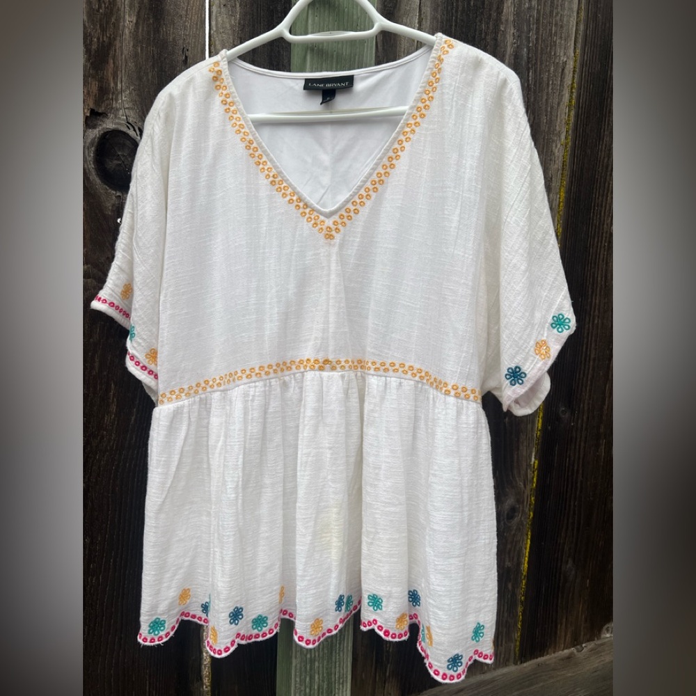 Lane Bryant Size 16 White Embroidered Cotton Top EUC Boho Festival Coastal